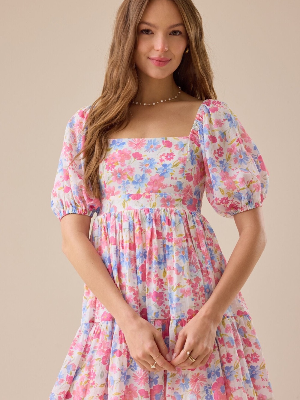 Altar'd State Pink Blue Floral Square-Neck Puff Sleeve Mini Dress High Tea XL